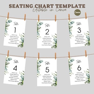 Plantilla de tabla de asientos minimalista, tarjeta de tabla de asientos de mesa de eucalipto, plan de asientos imprimible, boda de tabla de asientos de vegetación colgante