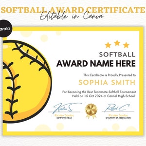 Softball Award Certificate, Printable Softball Certificate, Printable End of Season Ceremony Softball Awards, Softball Participation Award.