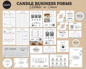 May include: A set of printable business forms for a candle company. The forms include a price list, order tracker, gift certificate, thank you card, loyalty card, and care instructions. The forms are designed in a minimalist style with black and white text and floral accents.