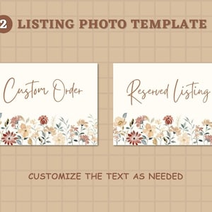 Puede incluir: Dos tarjetas blancas con bordes florales y texto. La tarjeta de la izquierda dice "Custom Order" y la tarjeta de la derecha dice "Reserved Listing".