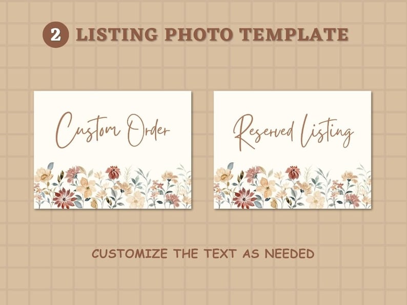 Puede incluir: Dos tarjetas blancas con bordes florales y texto. La tarjeta de la izquierda dice "Custom Order" y la tarjeta de la derecha dice "Reserved Listing".