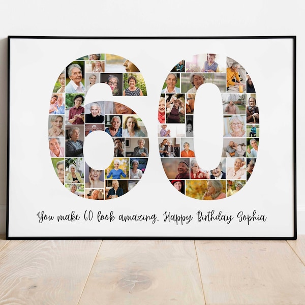 Modèle de collage photo 60e anniversaire, cadeau 60e anniversaire personnalisé pour femme, lui, maman, cadeau d'anniversaire grand-mère grand-père, cadeau de famille, toile