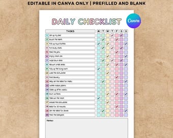 May include: A white daily checklist with a pastel rainbow header and a Canva logo. The checklist includes tasks like setting up the bed, brushing teeth, and taking out the rubbish. The bottom of the page indicates A4 size and US Letter.