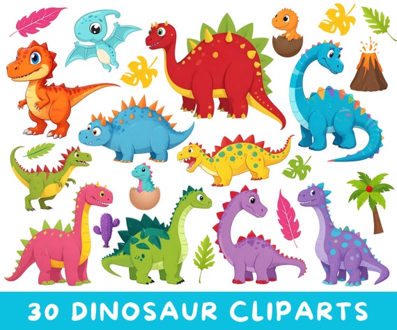 30 Dinosaur Clipart, Cute Dinos Clipart, Scrapbook printable Commercial Use. T-rex, Triceratops, brontosaurus, stegosaurus graphics PNG