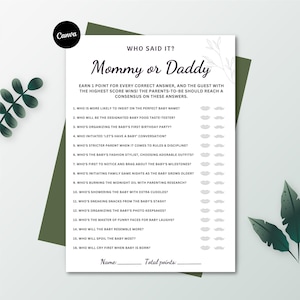 Mama of papa spel | Mama of papa Raad eens wie spel | Raad eens wie het zei | Babyshowerspel Minimalistisch | Direct downloaden | Canva-bewerkbaar