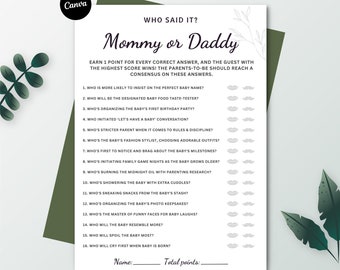Puede incluir: Un juego imprimible para un baby shower, con el título "Mamá o Papá?" y una lista de preguntas sobre los futuros padres. El juego incluye un espacio para el nombre del jugador y el total de puntos.