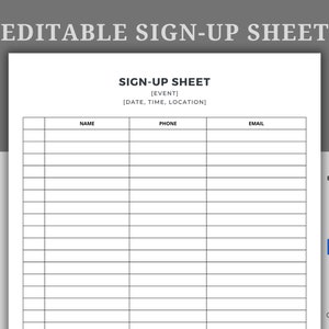 Editable Sign-Up Sheet. PDF/Google Docs/Microsoft Word. Sign Up Template. Event Sign Up, Canva Template, Attendance Sign Up, Minimal Sign Up
