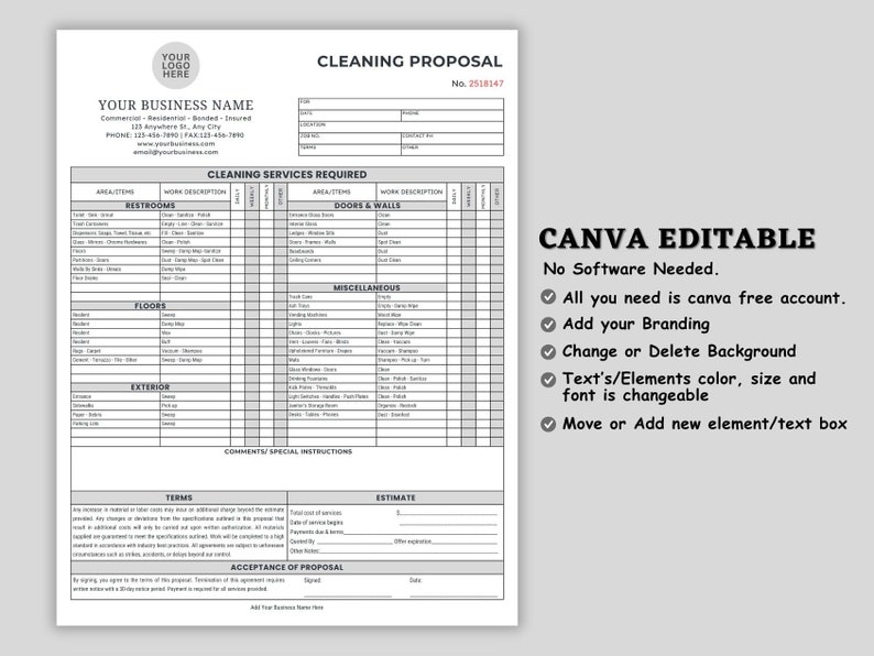 Cleaning Proposal Template, Basic Editable Commercial Cleaning, Cleaning Service Proposal, Canva template, Housekeeping, Cleaning Contract