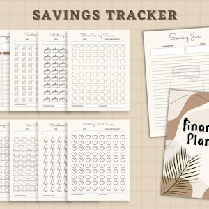 Pu&ograve; includere: Un planner finanziario stampabile con un design astratto marrone e beige. Il planner include pagine per tenere traccia dei risparmi, un barattolo per i risparmi e una checklist del planner finanziario.