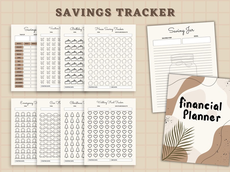 Pu&ograve; includere: Un planner finanziario stampabile con un design astratto marrone e beige. Il planner include pagine per tenere traccia dei risparmi, un barattolo per i risparmi e una checklist del planner finanziario.