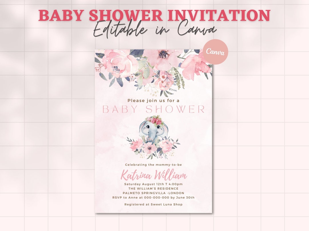 EDITABLE Blush Pink Rose Gold Elephant Baby Shower Invitation Girl Baby ...