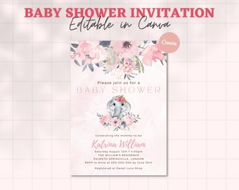 EDITABLE Blush Pink Rose Gold Elephant Baby Shower Invitation Girl Baby ...