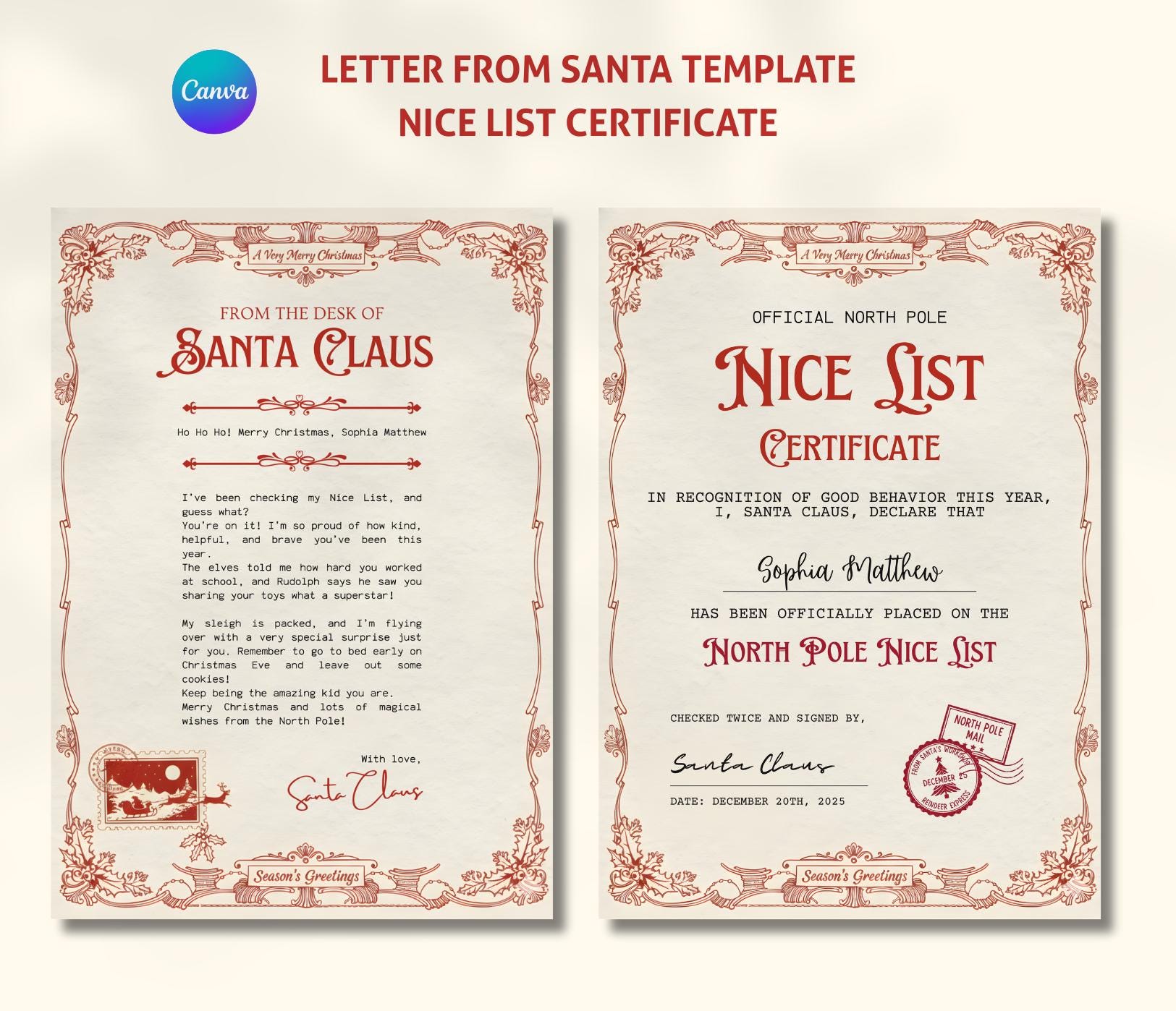 Editable Letter From Santa Vintage Themed Nice List Certificate Canva ...