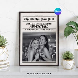 CUSTOM Newspaper Print, custom newspaper art, Retro Bestie Birthday Gift, Personalized Best Friends Print, funny roommate gift, Canva Edit.