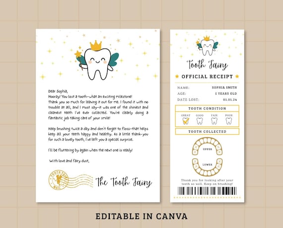 Editable Tooth Fairy Receipt Printable Certificate, Tooth Fairy Printable, Realistic Tooth Fairy Letter, Kids Tooth Fairy Letter, Lost Tooth