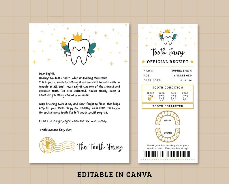 Editable Tooth Fairy Receipt Printable Certificate, Tooth Fairy Printable, Realistic Tooth Fairy Letter, Kids Tooth Fairy Letter, Lost Tooth