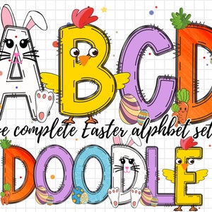 Pacote PNG de Letras do Alfabeto de Páscoa, Doodle Desenhado à Mão, Ovos de Páscoa, Primavera Floral, Coelhinho da Páscoa, Conjunto Alfa de Sublimação de Cenoura PNG