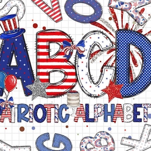 Paquete de alfabeto de doodle patriótico, letras PNG del 4 de julio, números y accesorios, sublimación azul blanco rojo, alfabeto de bandera, PNG americano