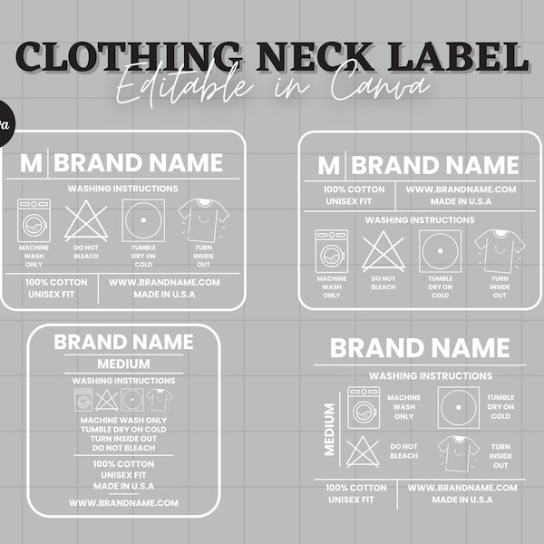 Editable Clothing Tag Bundle, T-shirt Neck Label Tag, DIY Garment Care Tag, Custom Clothing Tags, Washing Instructions, Canva Template