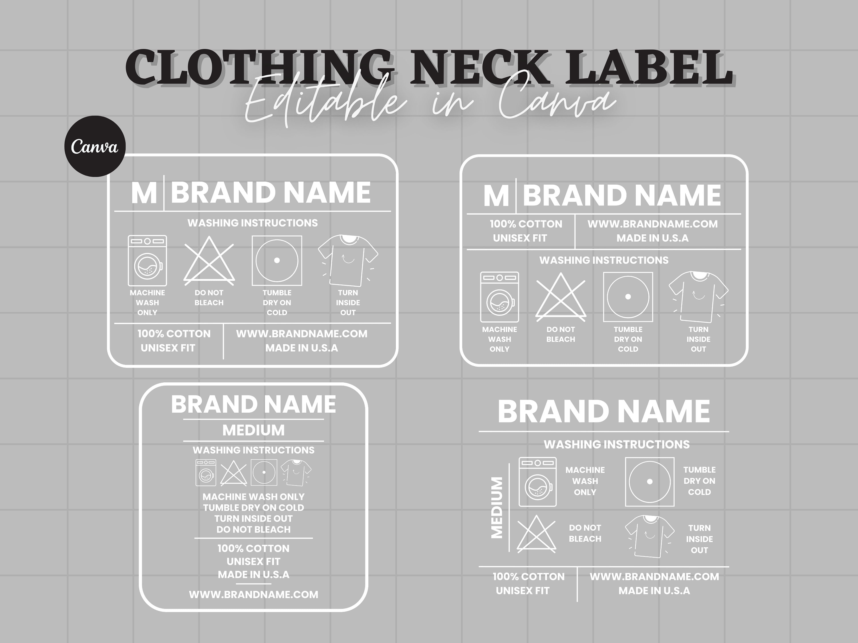 Paquete de etiquetas de ropa editables, etiqueta de etiqueta de cuello de camiseta, etiqueta de cuidado de prendas de bricolaje, etiquetas de ropa personalizadas, instrucciones de lavado, plantilla de Canva
