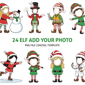 May include: A digital template featuring 24 elf characters with blank faces, ready for photo insertion. Each elf is dressed in festive attire, including hats, coats, and striped stockings. The text "24 ELF ADD YOUR PHOTO" is displayed in green.