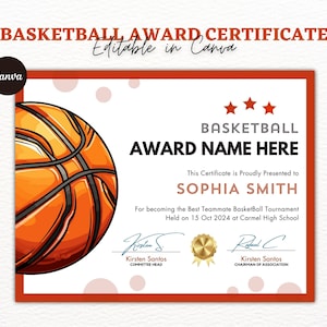 Basketball Award Certificate Editable Canva Template, Printable Award End of Season Ceremony Basketball Awards, Basketball Participation