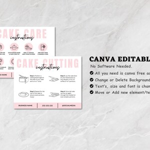 Cake Care Cards Bundle, Editable Cake Cutting Guide Cards, Printable Cake Business Thank You, Cake Business Packaging Canva Template.