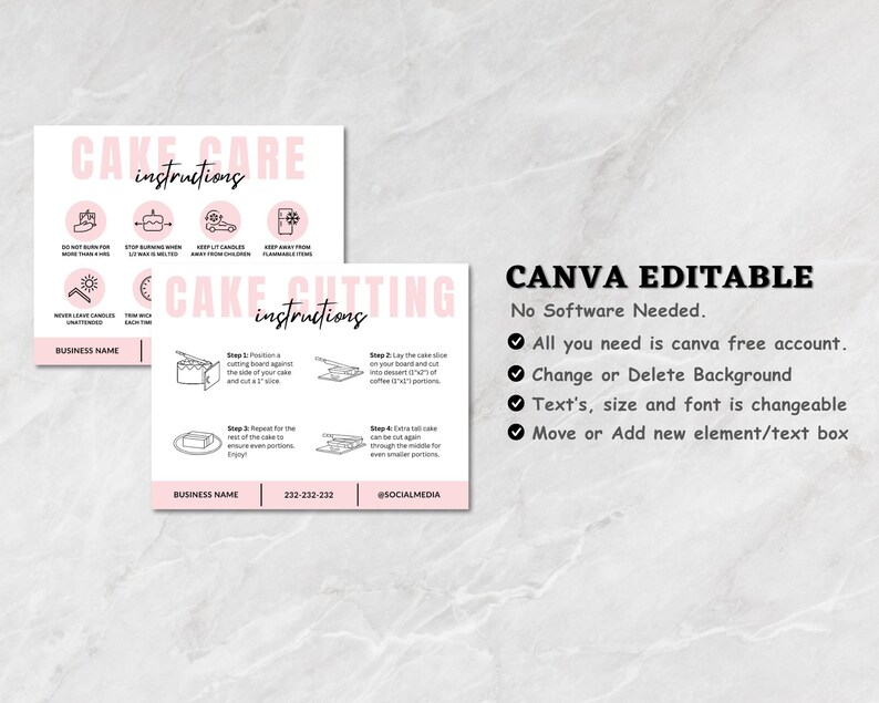 Cake Care Cards Bundle, Editable Cake Cutting Guide Cards, Printable Cake Business Thank You, Cake Business Packaging Canva Template.