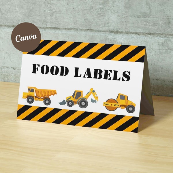 Construction Party Food Labels - Printable Construction Food Tent - Construction Birthday Party Food Labels, Buffet Labels, Canva Editable