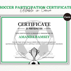 Soccer Award Certificate Editable Canva Template, Printable Award End of Season Ceremony Soccer Awards, Soccer Participation Award