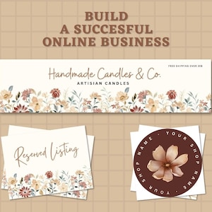 Puede incluir: Un banner con un dise&ntilde;o floral y el texto "Handmade Candles & Co. ARTISIAN CANDLES" con las palabras "FREE SHIPPING OVER 355" en la esquina superior derecha. Debajo del banner hay dos pilas de tarjetas blancas con el texto "Reserved Listing" en la tarjeta superior. A la derecha de las tarjetas hay una pegatina redonda con un dise&ntilde;o floral y el texto "YOUR SHOP NAME" repetido alrededor del c&iacute;rculo.