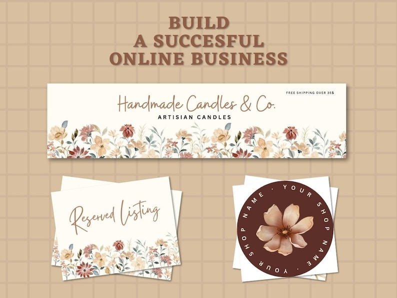 Puede incluir: Un banner con un dise&ntilde;o floral y el texto "Handmade Candles & Co. ARTISIAN CANDLES" con las palabras "FREE SHIPPING OVER 355" en la esquina superior derecha. Debajo del banner hay dos pilas de tarjetas blancas con el texto "Reserved Listing" en la tarjeta superior. A la derecha de las tarjetas hay una pegatina redonda con un dise&ntilde;o floral y el texto "YOUR SHOP NAME" repetido alrededor del c&iacute;rculo.