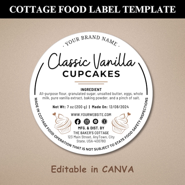 Cottage Food Label | Cottage Baking Label | Printable Food Label | Home Baked Goods Label | Home Bakery Stickers | Ingredient Label Template