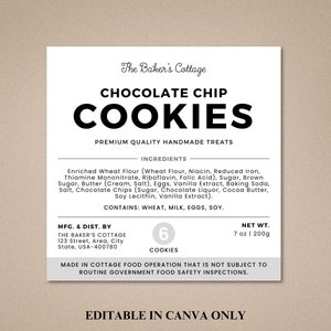 May include: A label for chocolate chip cookies from The Baker's Cottage, with the text "CHOCOLATE CHIP COOKIES" in bold letters. The label lists ingredients, net weight of 7 oz (200g), and states the product is made in a cottage food operation.