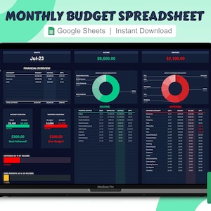 Könnte beinhalten: Ein Laptop-Bildschirm zeigt eine Google Sheets-Tabelle mit einem monatlichen Budget-Tracker. Die Tabelle ist mit "Monatliche Budget-Tabelle" betitelt und zeigt eine finanzielle Übersicht für den Monat Juli 2023. Die Tabelle enthält ein Kreisdiagramm, das Einnahmen und Ausgaben zeigt, sowie eine Tabelle mit detaillierten Einnahmen- und Ausgabenkategorien.