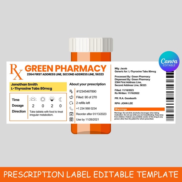 Prescription Label Template, Editable Medicine Label, Pill Bottle Label, Prescription Bottle Label, Canva, Custom Prescription Bottle Label