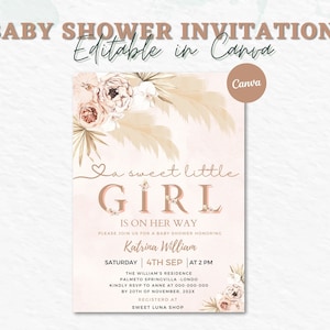 EDITIERBARE Mädchen Rosa Pampas Grass Boho Mädchen-Baby-Dusche-Einladung Mädchen Boho-Dusche einladen Druckbare Vorlage Sofort-Download, Canva Editierbar