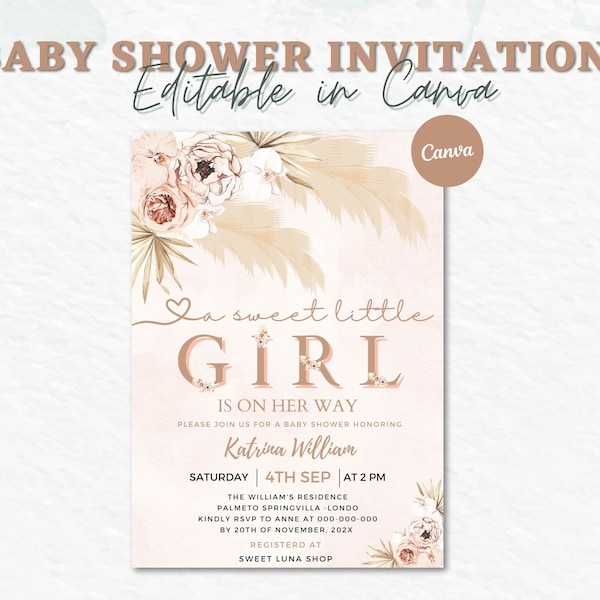 EDITABLE Girl Pink Pampas Grass Boho Girl Baby Shower Invitation Girl Boho Shower Invite Printable Template Instant Download, Canva Editable