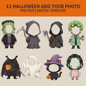 May include: A digital template featuring 12 Halloween-themed character cutouts. Characters include Frankenstein, Grim Reaper, mad scientist, and a black cat in a witch hat. The text "12 HALLOWEEN ADD YOUR PHOTO PNG FILE | DIGITAL TEMPLATE" is at the top.
