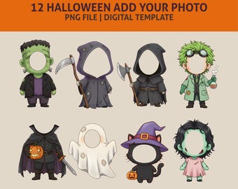 May include: A digital template with 12 Halloween character cutouts. Characters include Frankenstein, Grim Reaper, mad scientist, and a black cat in a witch hat. The text "12 HALLOWEEN ADD YOUR PHOTO PNG FILE | DIGITAL TEMPLATE" is at the top.