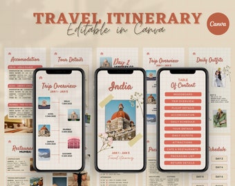 Editable Travel Itinerary Template, Travel Planner, Printable Travel Guide, Digital Template Download, Digital Travel Guide, Canva Template