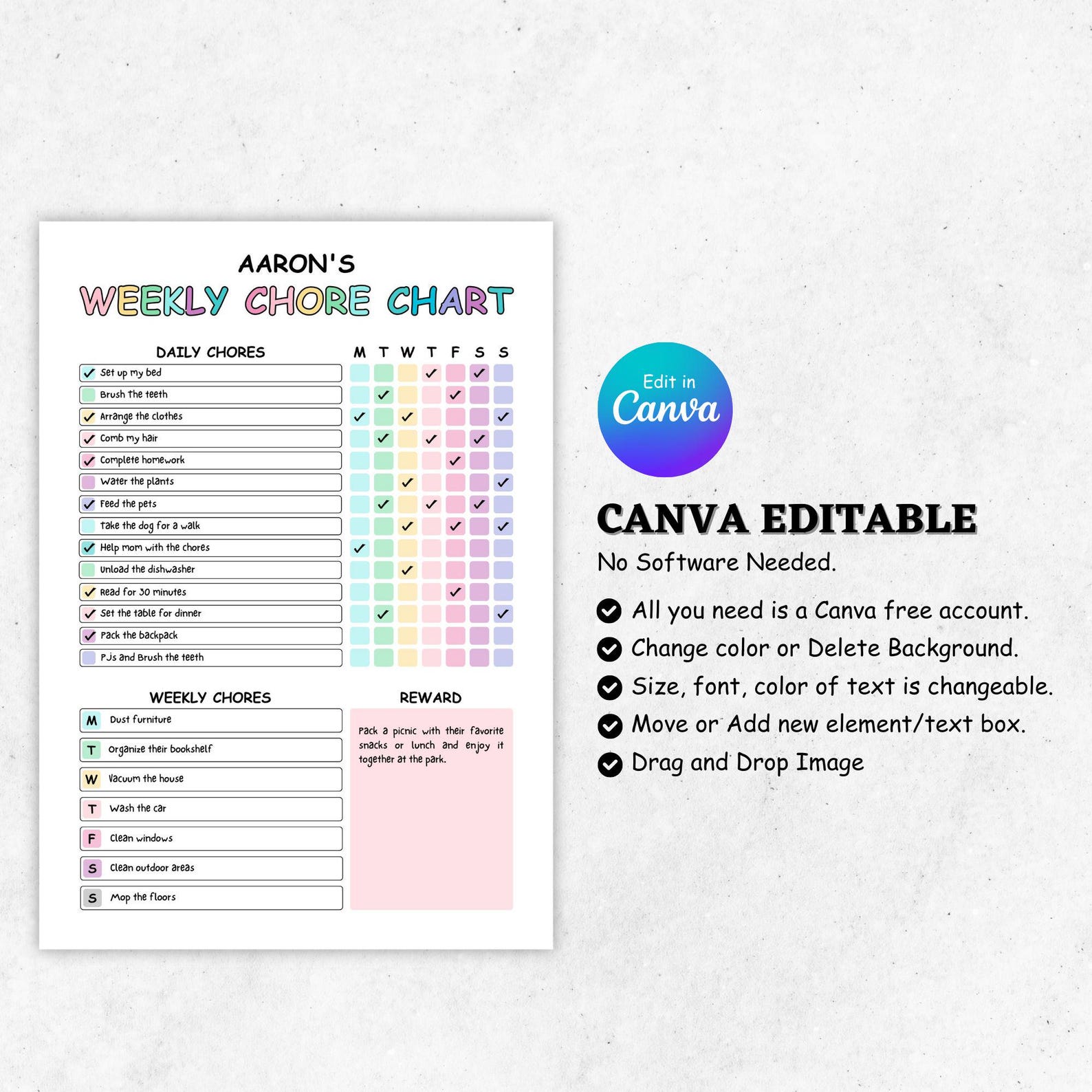 Editable Chore Chart for Kids, Kids Chore List, Printable | Kids Daily ...