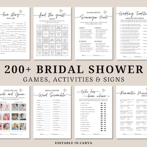 Op de afbeelding: Een verzameling van acht afdrukbare bruidsdouchespellen en -activiteiten, waaronder een mad libs, een speurtocht en een quiz over huwelijkstradities. De tekst "200+ BRIDAL SHOWER GAMES, ACTIVITIES & SIGNS" is prominent aanwezig.