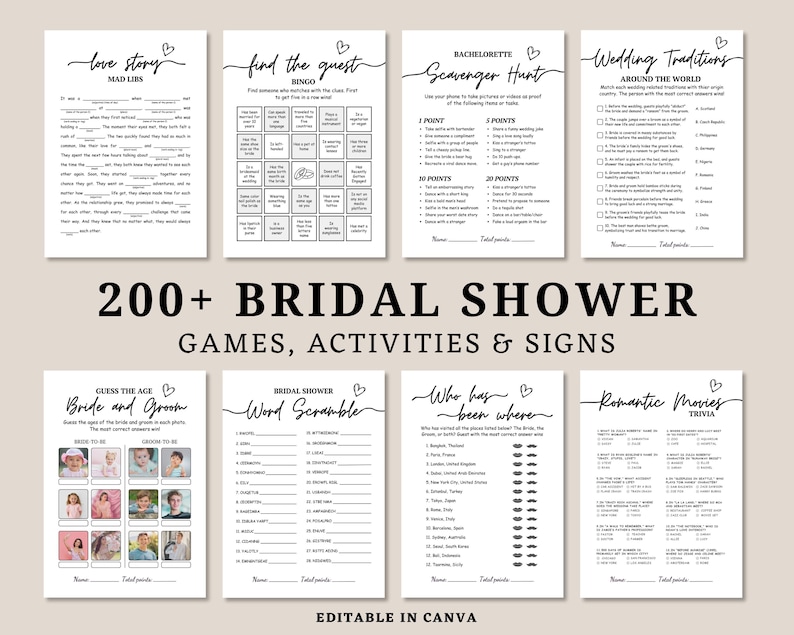 Bridal Shower Game Bundle, Minimalist Bridal Shower Games, Modern Bridal Shower Games Canva Edit, minimal shower games, bridal games bundle.