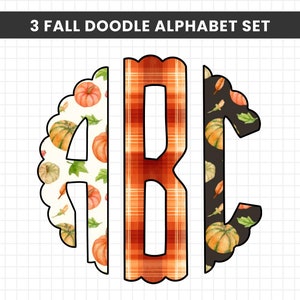 May include: Three fall-themed alphabet letters, A, B, and C, with a pumpkin and leaf pattern, plaid pattern, and pumpkin and leaf pattern, respectively.