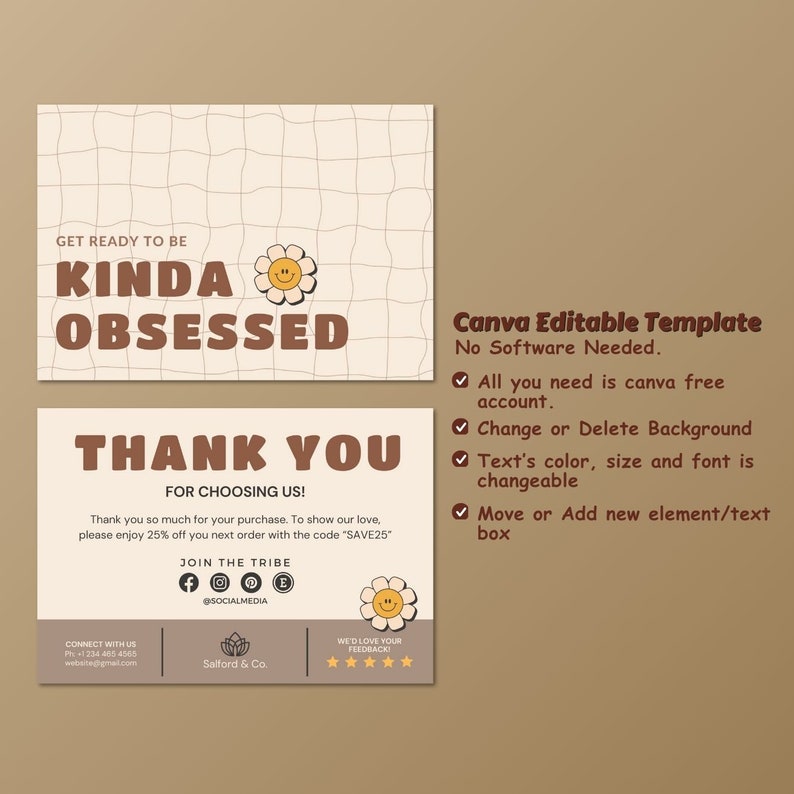 Retro Thank You Card Template, Editable Small Business 70s Groovy Thank ...