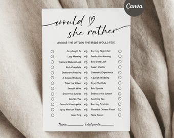 May include: A white 5x7 inch template with the text "would she rather" and a list of options for a bridal game. The template is editable in Canva. The background is a neutral fabric.