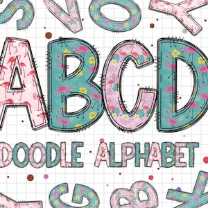 Flamingo Alphabet Buchstaben PNG Bundle, Sommer Muttertag Blumen Aquarell, handgezeichnetes Doodle, Sublimation Alpha Set PNG, Flamingo Png