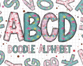 Flamingo Alphabet Letters PNG Bundle, Summer Mother's Day Flower Watercolor, Hand Drawn Doodle, Sublimation Alpha Set PNG, Flamingo Png