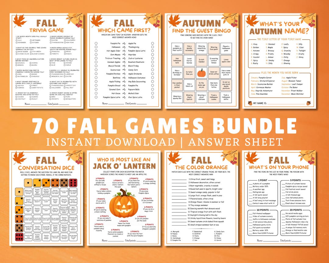 Fall Game Bundle, Autumn Trivia Games, 70 Fun Printable Games for ...